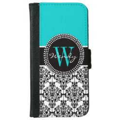 Personalized Initial Aqua Teal Black Damask Wallet Phone Case For iPhone 6/6s