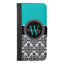 Personalized Initial Aqua Teal Black Damask iPhone 6/6s Plus Wallet Case