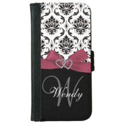 Personalized Initial Pink Black Damask Pattern Wallet Phone Case For iPhone 6/6s