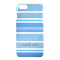 Personalized Linen Look Shades of Blue Stripes iPhone 7 Case
