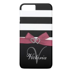 Personalized Pink Black Bold Stripes Printed Bow iPhone 7 Plus Case