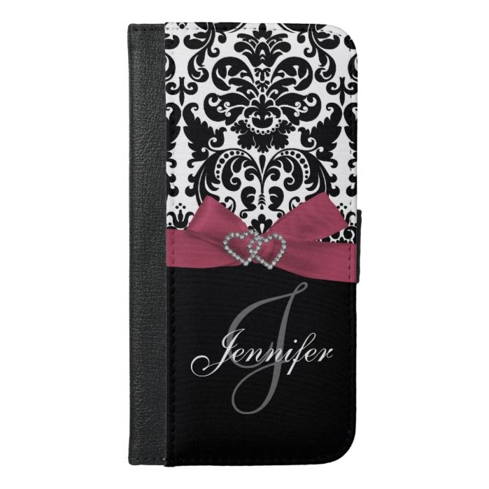 Personalized Pink Black Ornate Damask Pattern iPhone 6/6s Plus Wallet Case