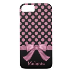 Personalized Pink Black Polka Dot Ribbon Bow iPhone 7 Case