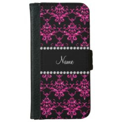 Personalized name hot pink glitter damask iPhone 6/6s wallet case