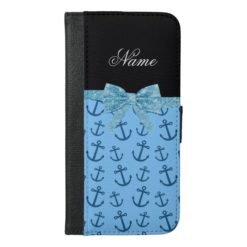Personalized name pastel blue anchors glitter bow iPhone 6/6s plus wallet case