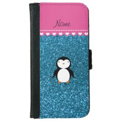 Personalized name penguin sky blue glitter iPhone 6/6s wallet case