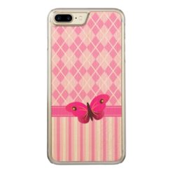 Pink Argyle and Stripes Pattern Wooden Butterfly Carved iPhone 7 Plus Case
