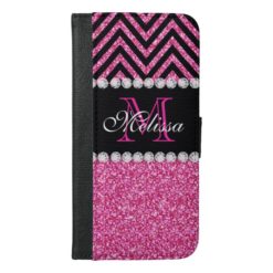 Pink Glitter Black Chevron MonogramMED iPhone 6/6s Plus Wallet Case