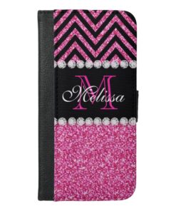 Pink Glitter Black Chevron MonogramMED iPhone 6/6s Plus Wallet Case