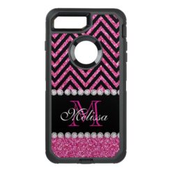 Pink Glitter Black Chevron Monogrammed OtterBox Defender iPhone 7 Plus Case