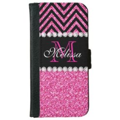 Pink Glitter Black Chevron Monogrammed Wallet Phone Case For iPhone 6/6s