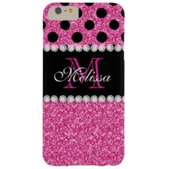 Pink Glitter Black Polka Dots Monogrammed Barely There iPhone 6 Plus Case