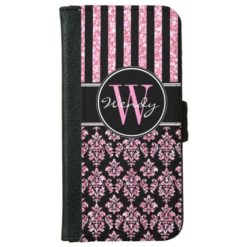 Pink Glitter Printed Black Damask Your Name Wallet Phone Case For iPhone 6/6s