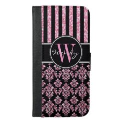 Pink Glitter Printed Black Damask Your Name iPhone 6/6s Plus Wallet Case