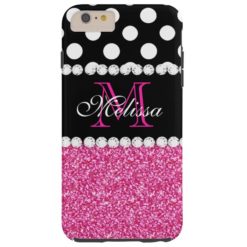 Pink Glitter White Polka Dots Monogrammed 3 Tough iPhone 6 Plus Case