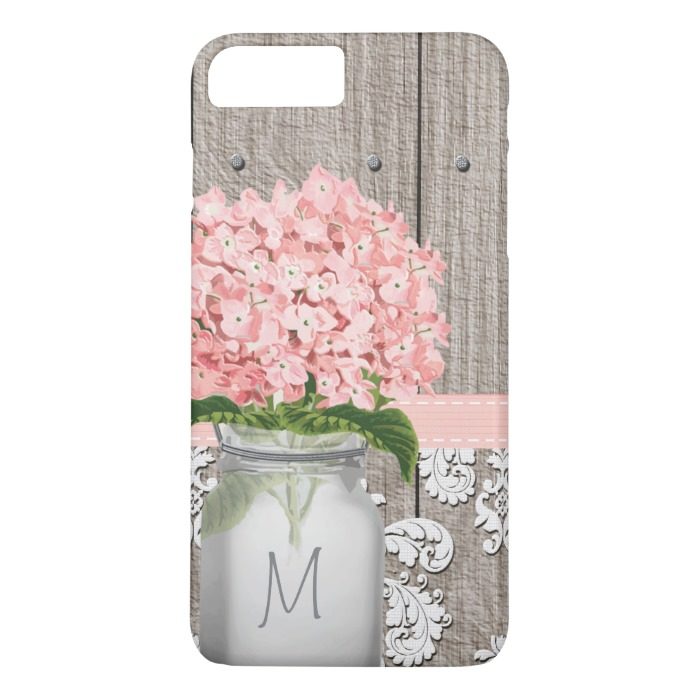 Pink Hydrangea Monogram Mason Jar iPhone 7 Plus Case