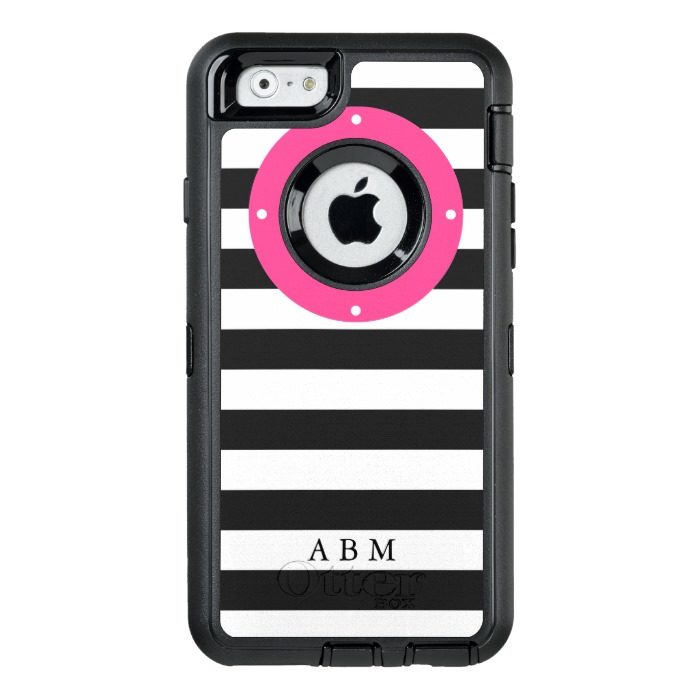Pink Nautical Porthole Stripe Monogram OtterBox Defender iPhone Case