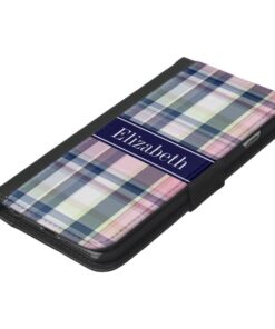 Pink Navy Green White Preppy Madras N Monogram iPhone 6/6s Plus Wallet Case