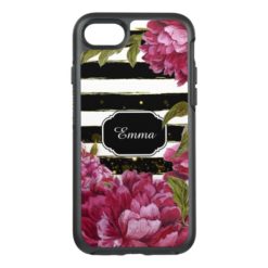 Pink Peony Floral Black White Stripe OtterBox Symmetry iPhone 7 Case