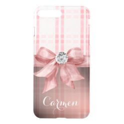 Pink Plaid & Ribbon with Bling iPhone 7 Plus Case