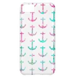 Pink Teal Turquoise Glitter Nautical Anchors iPhone 5C Cover