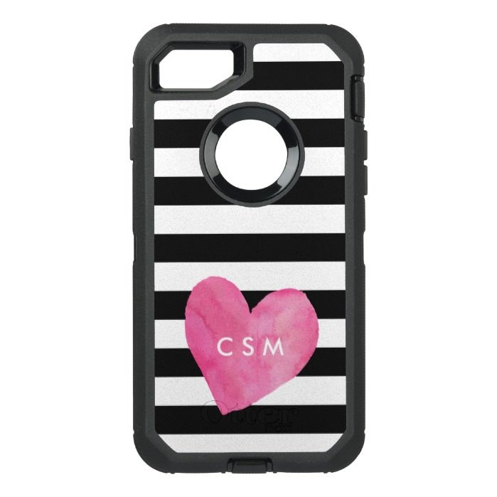 Pink Watercolor Heart | Striped OtterBox Defender iPhone 7 Case