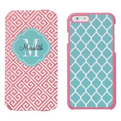 Pink and Turquoise Greek Key Monogram iPhone 6/6s Wallet Case