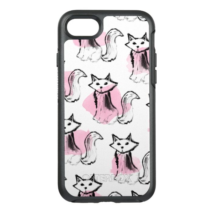 Pink black watercolor brushstrokes modern cats OtterBox symmetry iPhone 7 case