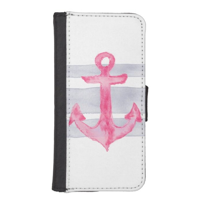 Pink gray modern watercolor anchor stripes pattern iPhone SE/5/5s wallet case