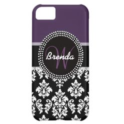 Plum Black White Damask Monogrammed Cover For iPhone 5C