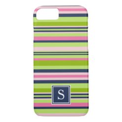 Preppy Lime Pink and Navy Stripe Monogram iPhone 7 Case