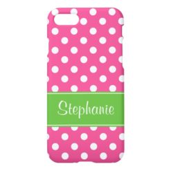 Preppy Pink and Green Polka Dots Personalized iPhone 7 Case