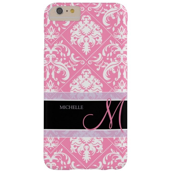 Pretty Bubblegum Pink and white damask w/ monogram Barely There iPhone 6 Plus Case