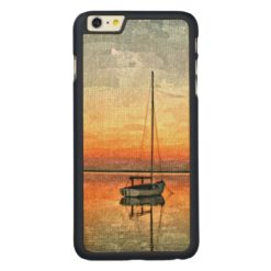Pretty Orange Blue Sunset Sailboat Watercolor Carved Maple iPhone 6 Plus Case