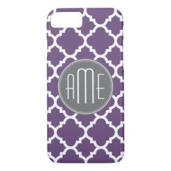 Purple and Gray Quatrefoil Pattern Monogram iPhone 7 Case