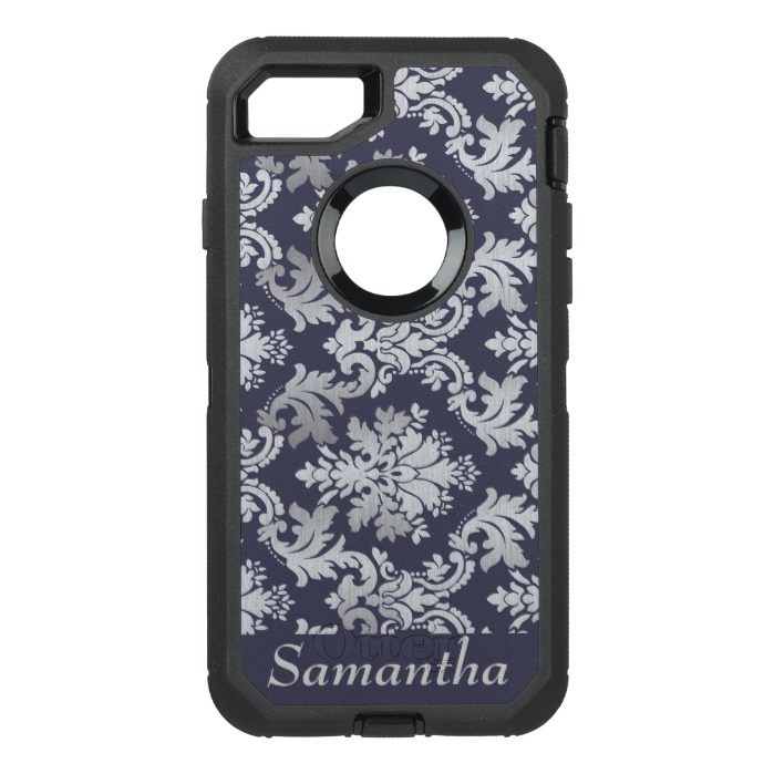 Purple and Silver Damask Name OtterBox Defender iPhone 7 Case