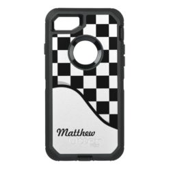 Racing Check Black White Checkered + Name OtterBox Defender iPhone 7 Case