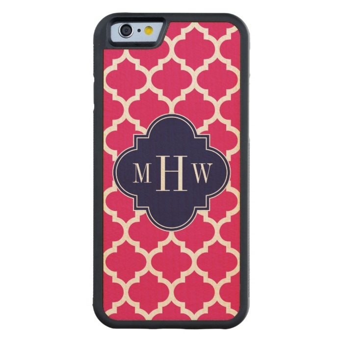 Raspberry Wht Moroccan #5 Navy 3 Initial Monogram Carved Maple iPhone 6 Bumper Case