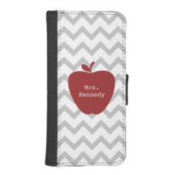 Red Apple Gray Chevron Teacher Wallet Phone Case For iPhone SE/5/5s