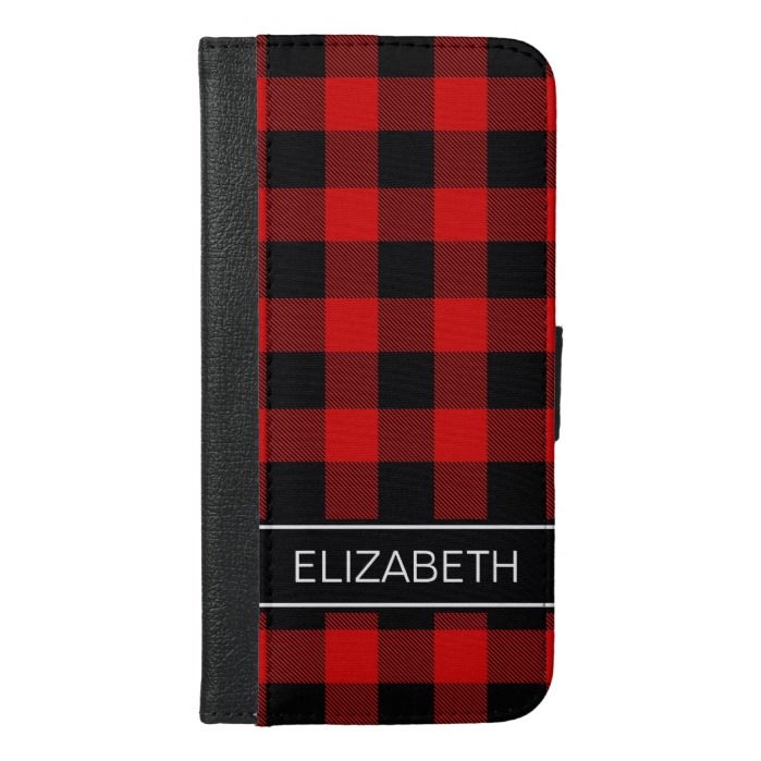 Red Black Buffalo Check Plaid Name Monogram iPhone 6/6s Plus Wallet Case