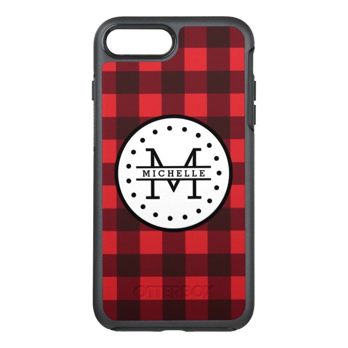 Red black Buffalo Plaid Lumberjack Name Monogram OtterBox Symmetry iPhone 7 Plus Case