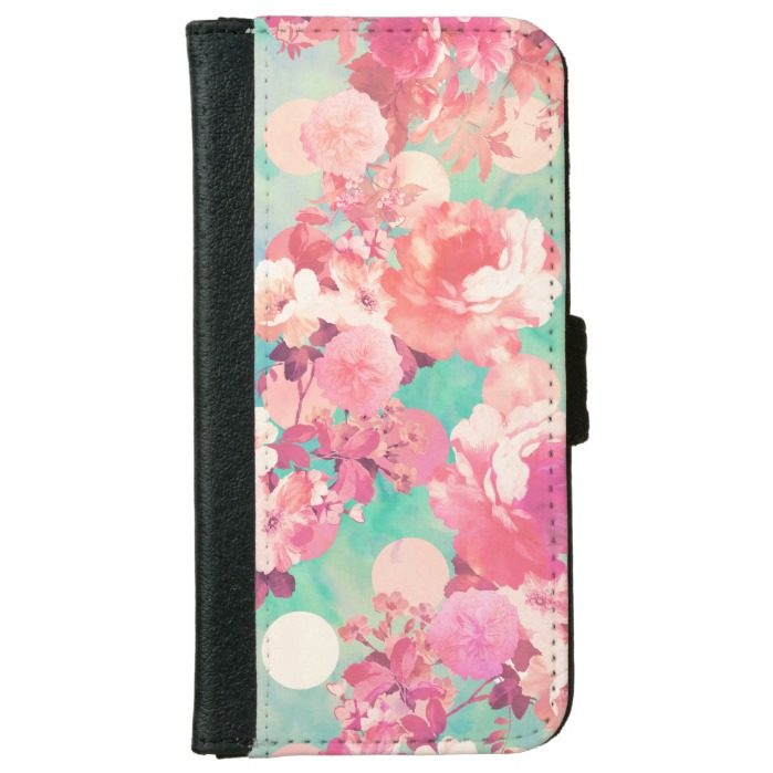 Romantic Pink Retro Floral Pattern Teal Polka Dots Wallet Phone Case For iPhone 6/6s