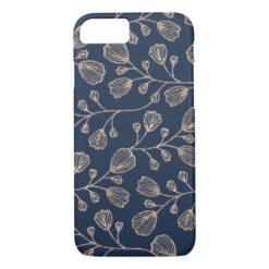 Rose Gold Faux Glitter Navy Blue Botanical Pattern iPhone 7 Case