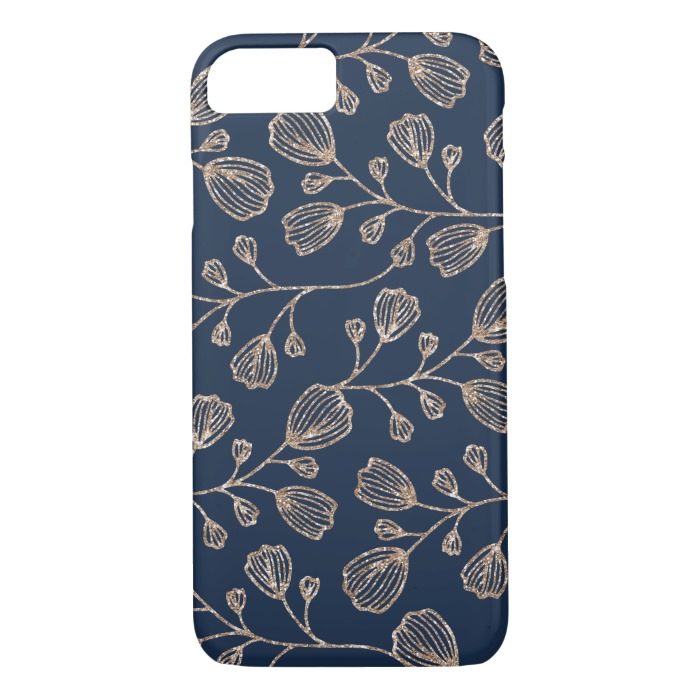 Rose Gold Faux Glitter Navy Blue Botanical Pattern iPhone 7 Case