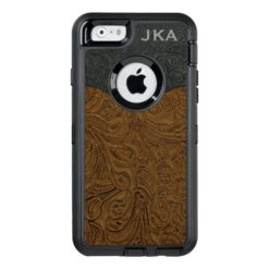 Rustic Brown Tooled Leather Personalized OtterBox Defender iPhone Case