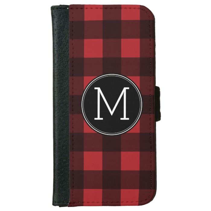 Rustic Red & Black Buffalo Plaid Pattern Monogram Wallet Phone Case For iPhone 6/6s