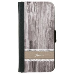 Rustic Wood & Burlap Stripe Custom Name iPhone 6/6s Wallet Case