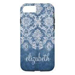 Sapphire Blue Vintage Damask Pattern and Name iPhone 7 Case