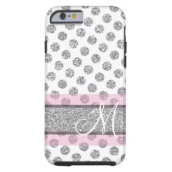 Silver Glitter Polka Dot Pattern with Monogram Tough iPhone 6 Case