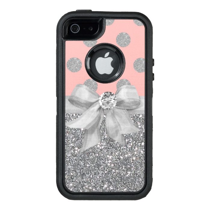 Silver Ribbon & Glitter Polka Dots Bling OtterBox Defender iPhone Case